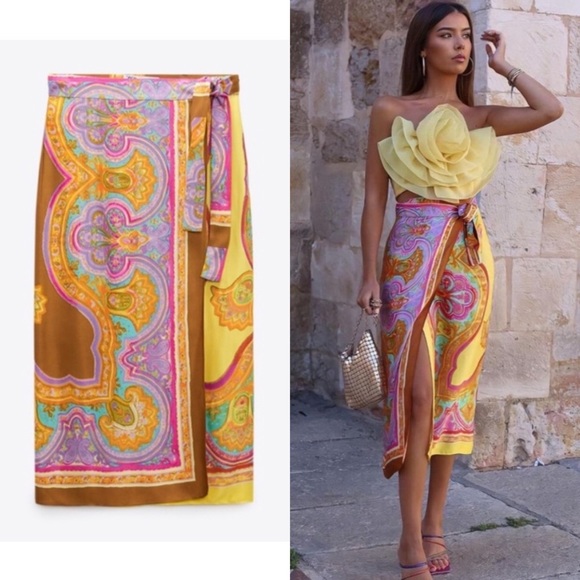 Zara Dresses & Skirts - Zara satin printed sarong wrap midi skirt - paisley floral print